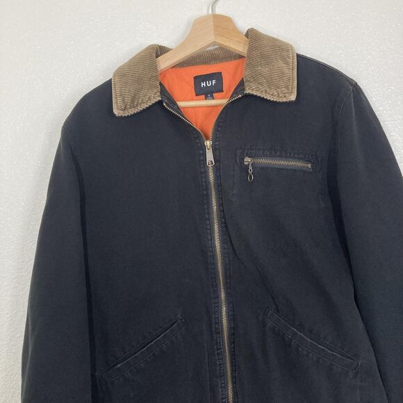 HUF Barlow Jacket  Mens S Black Corduroy Collar Quilted Lined Worldwide Zip Up - Picture 3 of 16